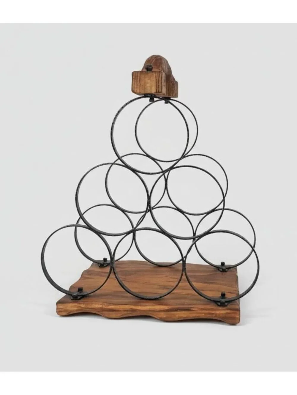 Vintage Rustic Wood & Black Iron Tabletop 6 Bottle Handled Wine Rack 7.5